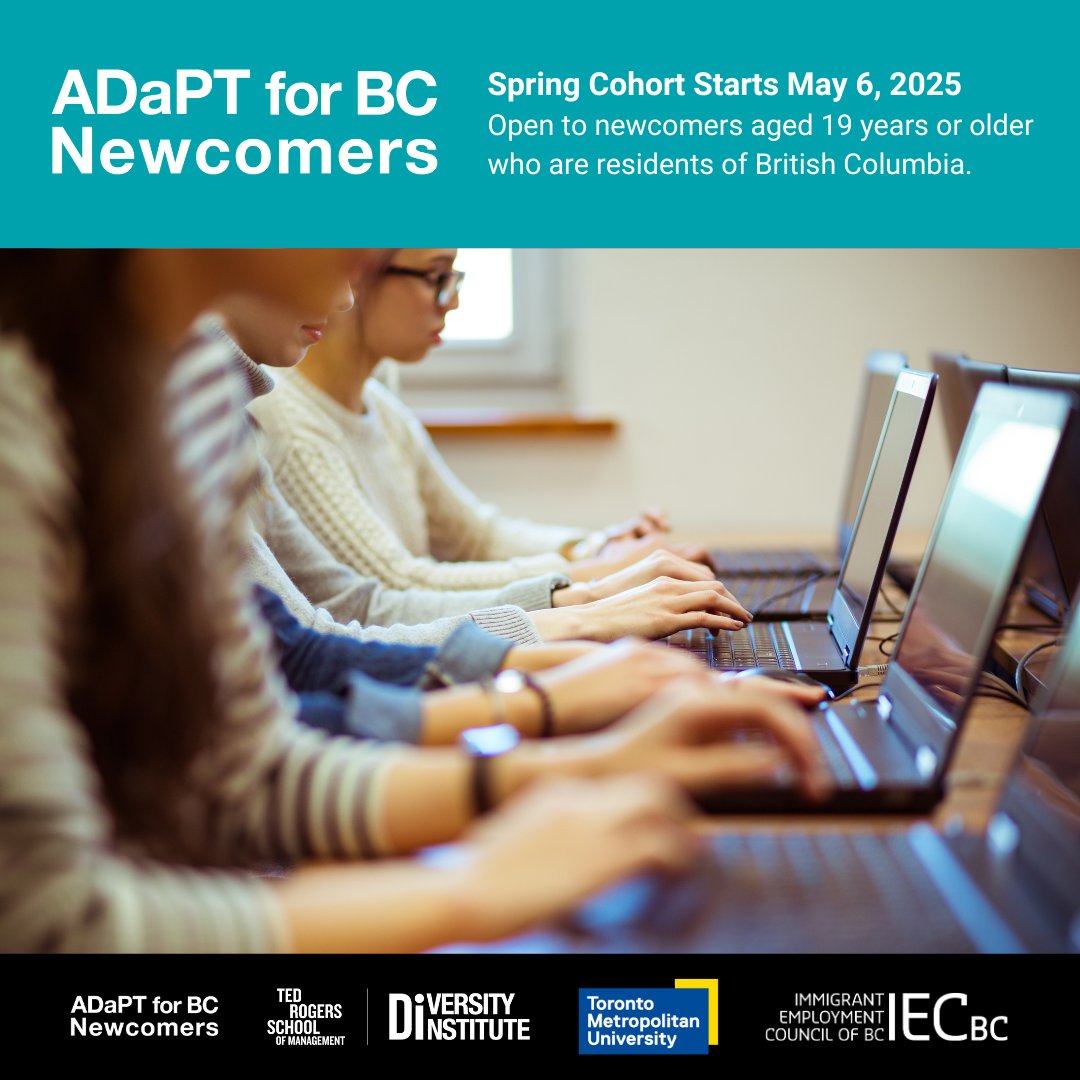 Advanced Digital and Professional Training (ADaPT) (@adapt_tmu) on Twitter photo 📢 Applications OPEN!
Newcomer in British Columbia looking to enhance your skills and connect with job opportunities? ADaPT for BC Newcomers offers:
âś… Free online training
âś… Career coaching
âś… Paid work placements
🔗 Apply now: bit.ly/ADaPTforBCNewc…
<a href="/torontometdi/">Diversity Institute</a> <a href="/iec_bc/">IEC-BC</a> 📢 Applications OPEN!
Newcomer in British Columbia looking to enhance your skills and connect with job opportunities? ADaPT for BC Newcomers offers:
âś… Free online training
âś… Career coaching
âś… Paid work placements
🔗 Apply now: bit.ly/ADaPTforBCNewc…
<a href="/torontometdi/">Diversity Institute</a> <a href="/iec_bc/">IEC-BC</a>