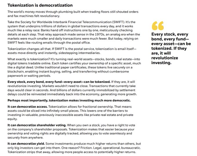 injective's tweet photo. “Every stock, every bond, every fund—every asset—can be tokenized,” says Larry Fink, CEO of @BlackRock, in his annual letter to investors.  

This vision is already becoming a reality through Injective’s iAssets.  

Unlike traditional tokenization, which creates static digital representations, iAssets are composable financial primitives that function across applications such as lending, hedging, and yield generation.  

Injective’s 78% market share in tokenized stock trading is no accident—it’s a validation of a new approach that eliminates the capital inefficiencies of both traditional finance and early DeFi solutions.  

What we’re witnessing is the transformation of financial instruments into dynamic, programmable assets that enable capital to flow freely throughout the economy. The prosperity flywheel is spinning faster—and iAssets on @injective are driving a new future forward.