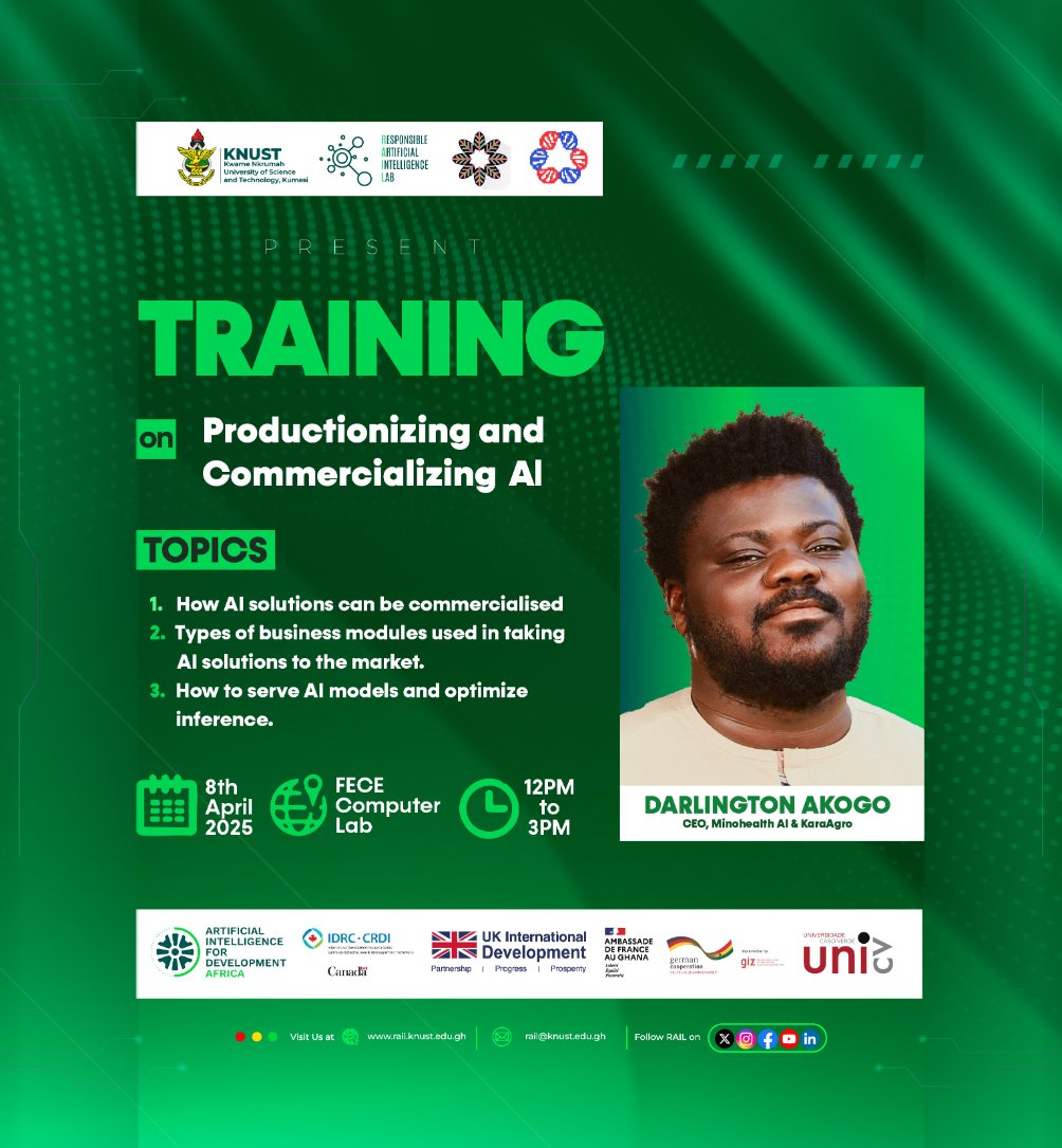 Join us for hands-on training on "Productionizing and Commercializing #AI"

Discover how to turn AI innovations into real-world solutions!

📅 Date: 8th April 2025
📍 Venue: FECE Computer Lab, KNUST
🕛 Time: 12:00 PM GMT

Don't miss out!