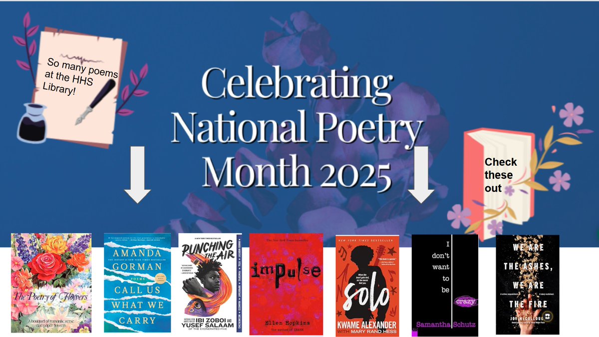 HHSLibrary (@libraryathhs) on Twitter photo HHS Library is celebrating National Poetry Month! Stop by to pick out a book by your next favorite poet! <a href="/HHS_Principal22/">Kevin Pfister - HHS Principal</a> <a href="/HHSBears/">HHS Bears</a> <a href="/rspirito11/">Dr. Richard A. Spirito</a> HHS Library is celebrating National Poetry Month! Stop by to pick out a book by your next favorite poet! <a href="/HHS_Principal22/">Kevin Pfister - HHS Principal</a> <a href="/HHSBears/">HHS Bears</a> <a href="/rspirito11/">Dr. Richard A. Spirito</a>