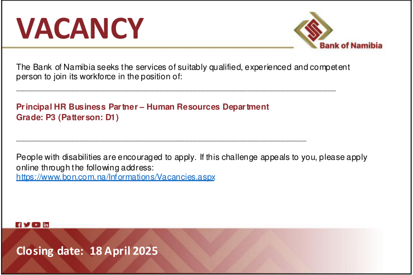 BankofNamibia's tweet photo. WE ARE HIRING | The Bank of Namibia seeks the service of a suitably qualified, experienced and competent persons to join its workforce in the positions of:
Principal HR Business Partner

Apply here: https://t.co/DZMeVWwdAD

Due date: 18 April 2025

#Vacancy #BankofNamibia https://t.co/Vkajd3g6vi
