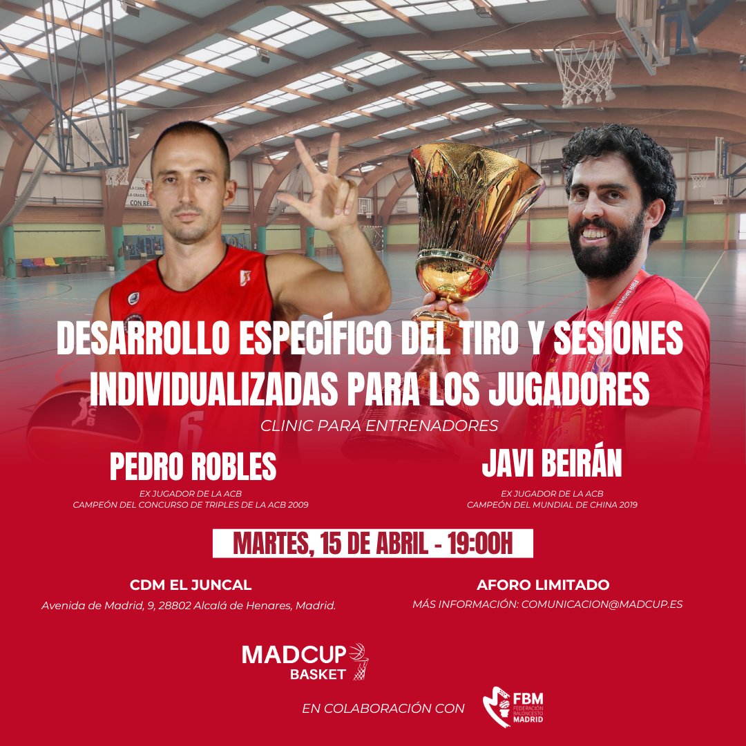 Clinic MADCUP Basket 2025 

⛹️‍♂️Con <a href="/pedrorobles_6/">Pedro Robles</a> y <a href="/jbeiran33/">Javier Beirán</a> 

🗓️Martes 15 de abril a las 19:00 en el CDM El Juncal (Alcalá de Henares)

Entrada libre previa inscripción hasta el 7 de abril.

👉Toda la info aquí: fbm.es/noticia-81-124…