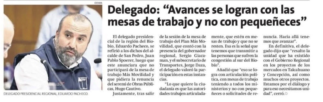 Al Delegado Presidencial de Bio Bio las muertes de vecinos le parecen pequeñeces.  Ayer murió una persona y el estaba sonriente inaugurando un bus eléctrico en Penco. Aca muere gente por el caos vial y no tenemos avances. Ni siquiera el cumplimiento de compromisos básicos. Puede