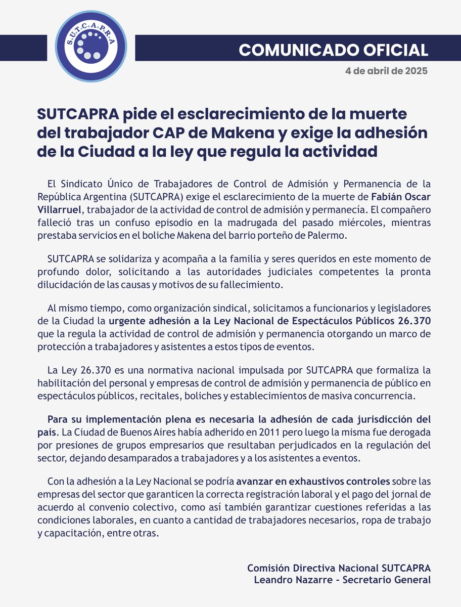#COMUNICADO ❗️ SUTCAPRA pide el esclarecimiento de la muerte del trabajador CAP de Makena y exige la adhesión de la Ciudad a la ley que regula la actividad

🔗 acortar.link/rWH1yh