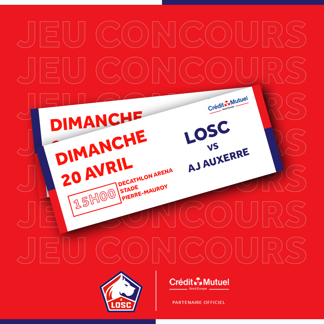 #JeuConcours : le 20/04 prochain, les Dogues affronteront l'AJ Auxerre dans le cadre de la 30ème journée de championnat ⚽.

Vous souhaitez assister au match ? Tentez votre chance avec le <a href="/CreditMutuel_NE/">Crédit Mutuel NE</a>, partenaire officiel du <a href="/losclive/">LOSC</a> !

Pour jouer &gt;&gt; ow.ly/4CYe50VuA8t
