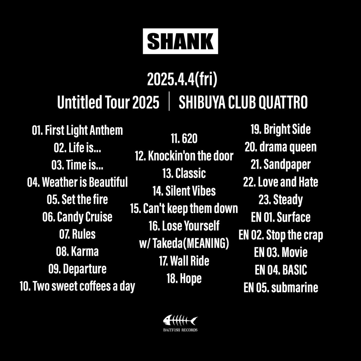 セットリスト】 2025/4/4(金) Untitled Tour 2025 渋谷クラブクアトロ