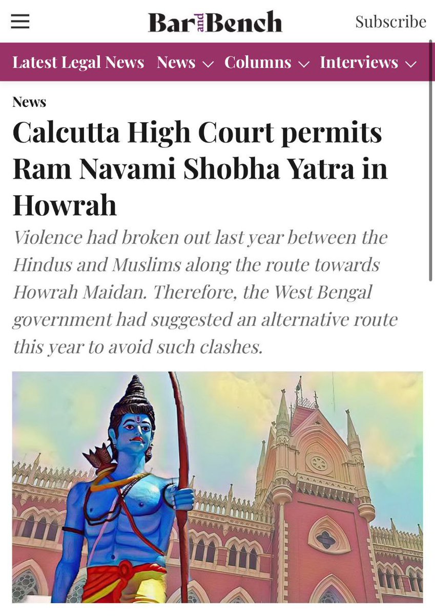 modified30's tweet image. 🚨पश्चिम बंगाल:

-कलकत्ता हाईकोर्ट ने हावड़ा में राम नवमी शोभा यात्रा के लिए ‘अनुमति’ दी।

-केवल 1,000 हिंदुओं को अनुमति; अन्य अपने धर्म का पालन नहीं कर सकते

-हावड़ा पुलिस ने अनुमति देने से इनकार कर दिया।

क्या आपने मुहर्रम के लिए ऐसी शर्तों के बारे में सुना है?