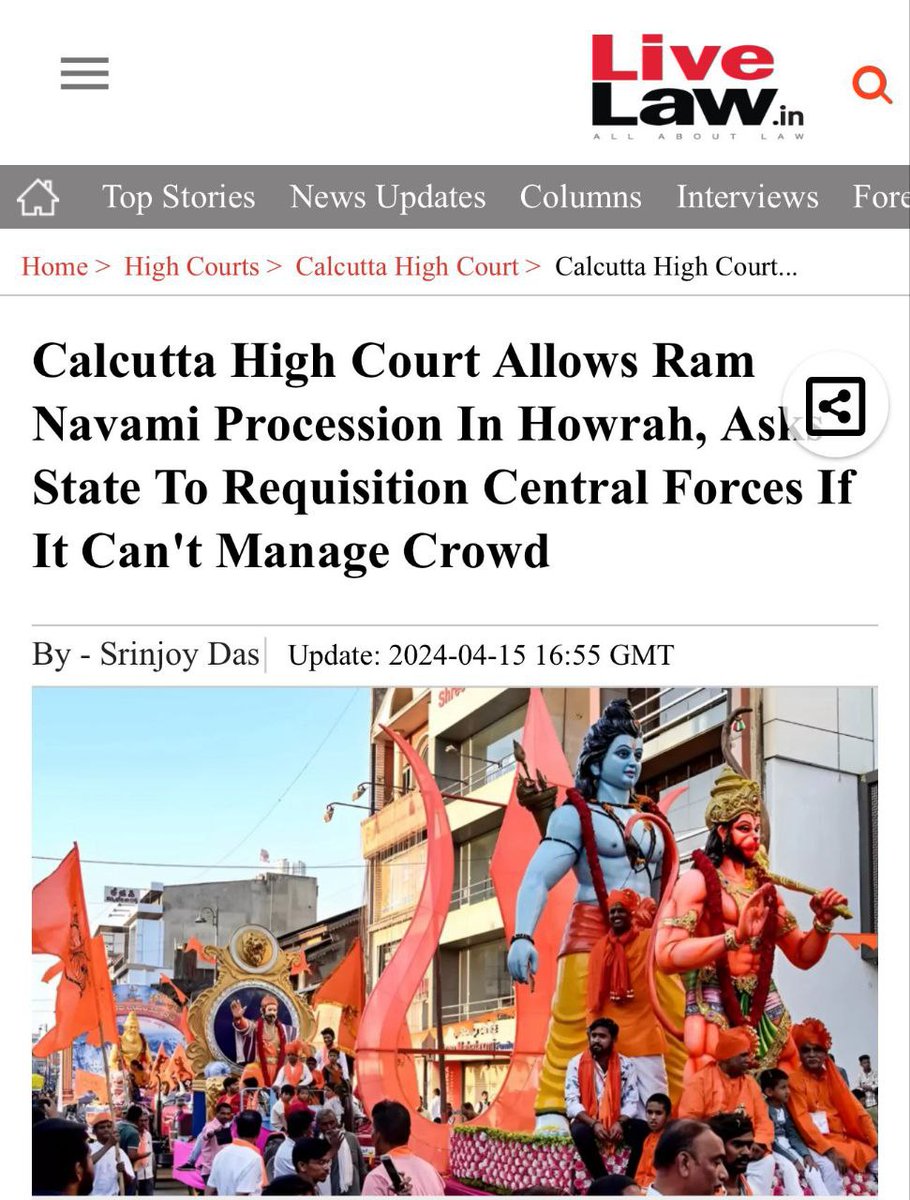 modified30's tweet image. 🚨पश्चिम बंगाल:

-कलकत्ता हाईकोर्ट ने हावड़ा में राम नवमी शोभा यात्रा के लिए ‘अनुमति’ दी।

-केवल 1,000 हिंदुओं को अनुमति; अन्य अपने धर्म का पालन नहीं कर सकते

-हावड़ा पुलिस ने अनुमति देने से इनकार कर दिया।

क्या आपने मुहर्रम के लिए ऐसी शर्तों के बारे में सुना है?