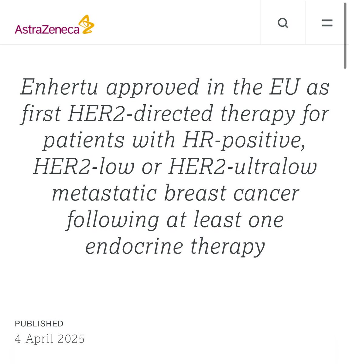 Paolo Tarantino (@ptarantinomd) on Twitter photo T-DXd approval finally expanded also in Europe to patients with HR+/HER2-0 (ultralow) disease or chemo-naive pts. Appealing post-ET option for patients with aggressive disease course. Congrats <a href="/curijoey/">G Curigliano MD PhD</a> for leading the DB06 trial that backed this approval!
astrazeneca.com/media-centre/p… T-DXd approval finally expanded also in Europe to patients with HR+/HER2-0 (ultralow) disease or chemo-naive pts. Appealing post-ET option for patients with aggressive disease course. Congrats <a href="/curijoey/">G Curigliano MD PhD</a> for leading the DB06 trial that backed this approval!
astrazeneca.com/media-centre/p…