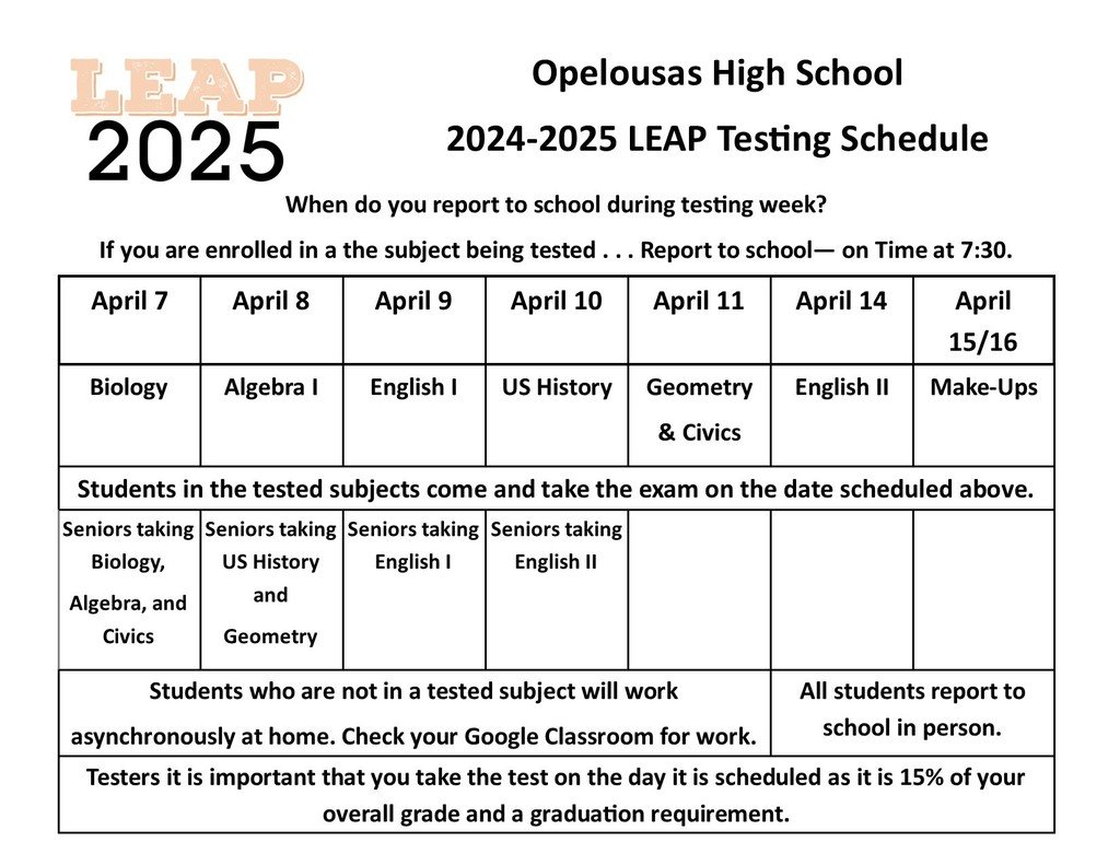OHS Testing Schedule Revised and Updated on  4/3/25!