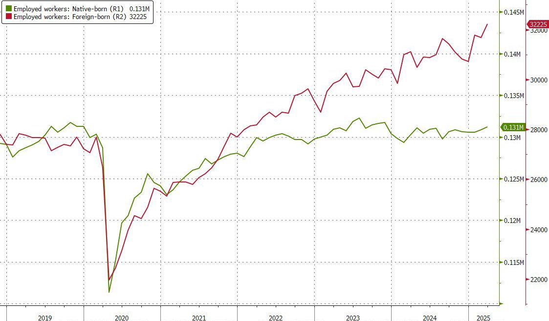zerohedge's tweet image. Native-born workers: +944K to 131.2 million
Foreign-born workers: +1.111 Million to 32.2 million, new all time high