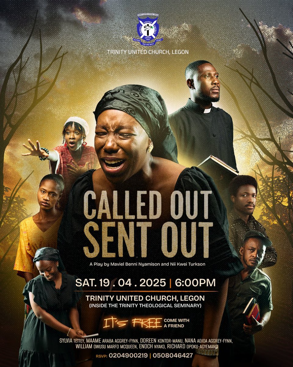 TRINITY_YF's tweet image. Called Out, Sent Out is more than just a stage play; it’s a call to action!🎭🤩

Come join us on Saturday, 19th April, 2025 at the Trinity United Church, Legon, at exactly 6:00PM
See you there!!🎉🥰

#EasteratTrinity #JourneyingTotheCross.