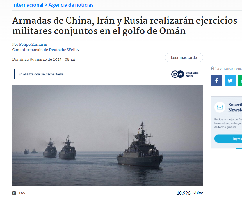 nachomdeo's tweet photo. En ese contexto, China, Irán y Rusia realizaron ejercicios militares conjuntos en el golfo de Omán a partir del 11 de marzo. En las maniobras practicaron maniobras de “combate contra objetivos marítimos”. El ejercicio militar se desarrolló frente a la ciudad portuaria de Chabajar https://t.co/Wmp9oWiriP