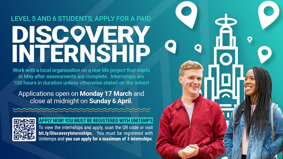 There's still time for 2nd (L5) &amp; final year (L6) <a href="/LJMU/">Liverpool John Moores University</a>
students to apply for a paid Discovery Internship working with a local organisation, starting in May after assessments.  Closing date: midnight on Sun 6 April.  You must be registered with @unitempsL bit.ly/DiscoveryInter…
