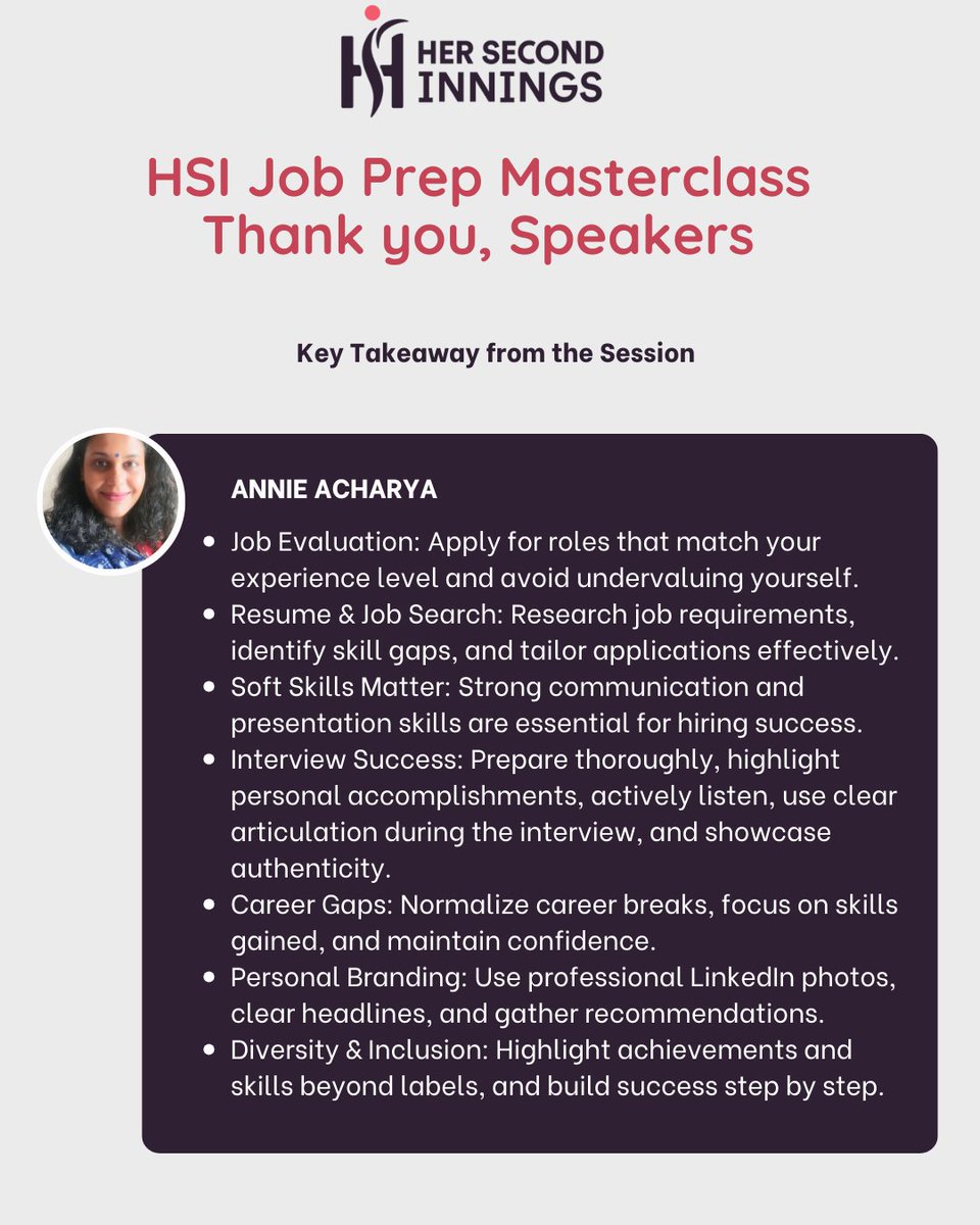 her2nd_innings's tweet image. 🌟 HSI Job Prep Masterclass – Career Growth Insights! 🌟

#JobSearch #InterviewSuccess #PersonalBranding #CareerGrowth #Networking #HerSecondInnings
