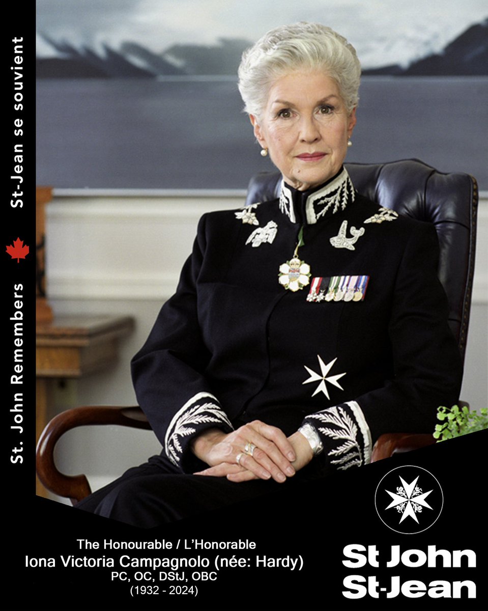 The Honourable Iona Victoria Campagnolo (née Hardy), PC, OC, DStJ, OBC
October 18, 1932 – April 4, 2024

Read her story over on our Facebook page: facebook.com/orderofstjohnca

<a href="/SJA_Canada/">SJA Canada</a> 
#StJohnRemembers