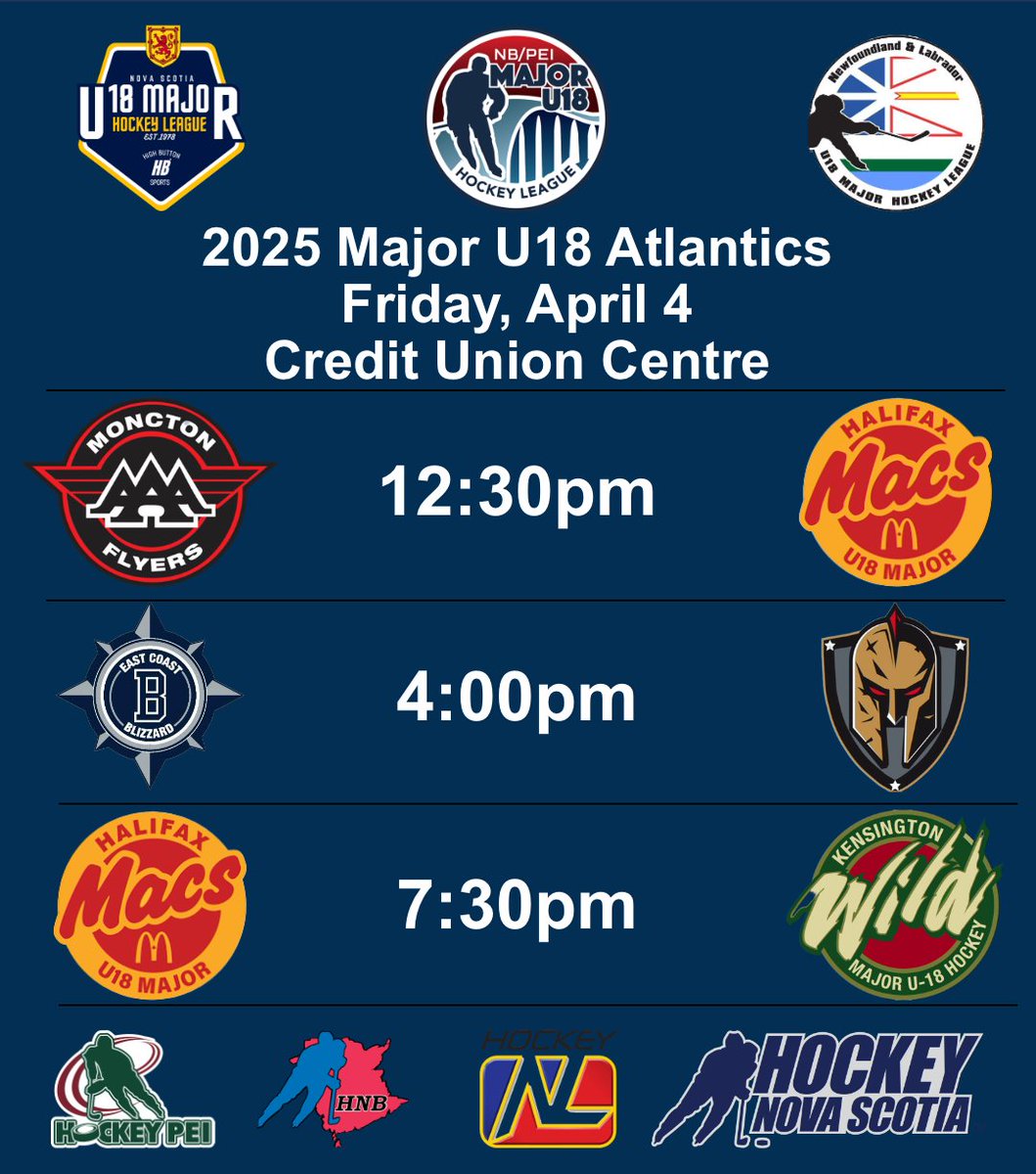 NB PEI Major U18 Hockey League (@nbpeimu18hl) on Twitter photo Friday schedule at the 2025 Major U18 Atlantics.
Watch online at ao.live/nbpeimu18
<a href="/HockeyNB/">Monad ⨀</a> <a href="/HockeyPEI/">Hockey PEI</a> <a href="/hockeynl1935/">Hockey NL</a> <a href="/HockeyNS/">Hockey Nova Scotia</a> Friday schedule at the 2025 Major U18 Atlantics.
Watch online at ao.live/nbpeimu18
<a href="/HockeyNB/">Monad ⨀</a> <a href="/HockeyPEI/">Hockey PEI</a> <a href="/hockeynl1935/">Hockey NL</a> <a href="/HockeyNS/">Hockey Nova Scotia</a>