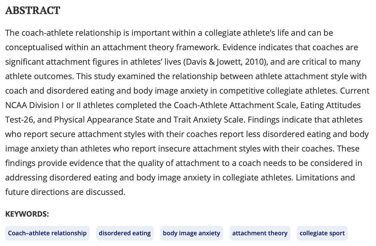 SportsCoachingReview (@sportscoachingr) on Twitter photo ‘Athlete attachment style with coach as a predictor of disordered eating and body image anxiety’
Our latest paper from Taylor Allen & Lisa Platt is now available <a href="/tandfsport/">Routledge Sport, Leisure, and Tourism</a>;
doi.org/10.1080/216406… ‘Athlete attachment style with coach as a predictor of disordered eating and body image anxiety’
Our latest paper from Taylor Allen & Lisa Platt is now available <a href="/tandfsport/">Routledge Sport, Leisure, and Tourism</a>;
doi.org/10.1080/216406…