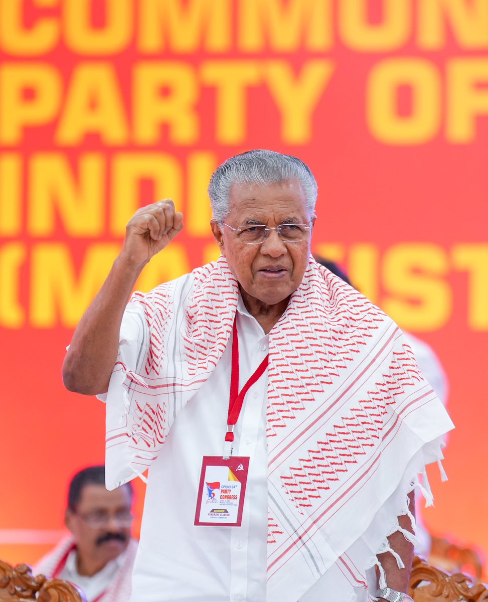 pinarayivijayan's tweet photo. Draped in keffiyehs, delegates at the 24th Party Congress of the CPI(M) stood in powerful solidarity with Palestine. A resolution was passed extending unwavering support to the Palestinian people against Israel’s genocidal war. From the river to the sea, Palestine will be free. https://t.co/UdBYDZrgHB