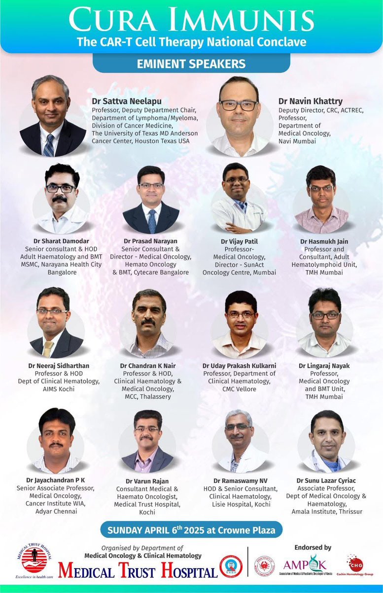 SunuCyriac's tweet photo. CAR-t cell National meeting at Kochi on 6th April @Haemophage @lingarajnayak @ActImmuno @AmalaOncology @pmcancercentre https://t.co/JRzxXi4Vax