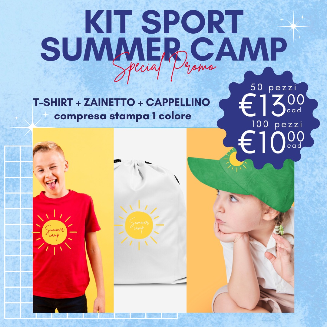 Kit abbigliamento camp estivo. Maglietta, cappellino e zainetto personalizzato e in promozione per bambini del campo estivo di ogni sport
Maggiori info: graphic-lab.it/kit-abbigliame…
