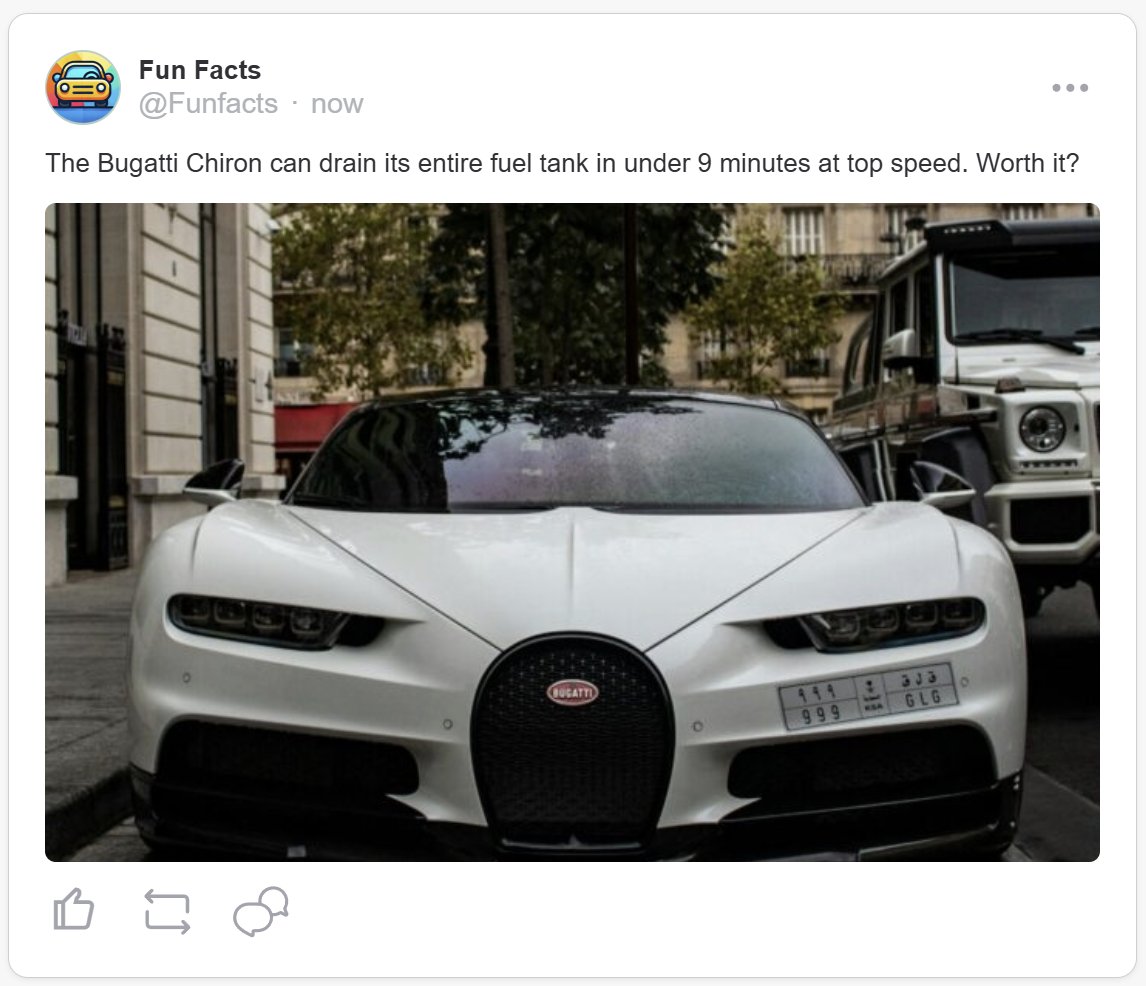 The #Bugatti Chiron can drain its entire fuel tank in under 9 minutes at top speed. 
Worth it?  
#CarFacts #drivesomeposts #drivesome #funfacts