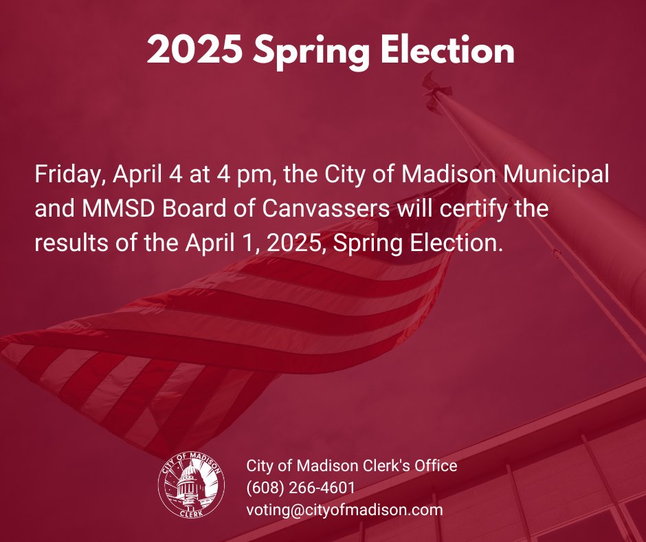 Madison WI Clerk (@madisonwiclerk) on Twitter photo On Friday, April 4, 2025 at 4pm, the <a href="/CityofMadison/">City of Madison, Wisconsin</a> Municipal and MMSD Board of Canvassers will certify the results of the April 1, 2025, Spring Election contests at the Madison Municipal Building Room 206.
cityofmadison.com/city-hall/comm…
#MadisonVotes On Friday, April 4, 2025 at 4pm, the <a href="/CityofMadison/">City of Madison, Wisconsin</a> Municipal and MMSD Board of Canvassers will certify the results of the April 1, 2025, Spring Election contests at the Madison Municipal Building Room 206.
cityofmadison.com/city-hall/comm…
#MadisonVotes