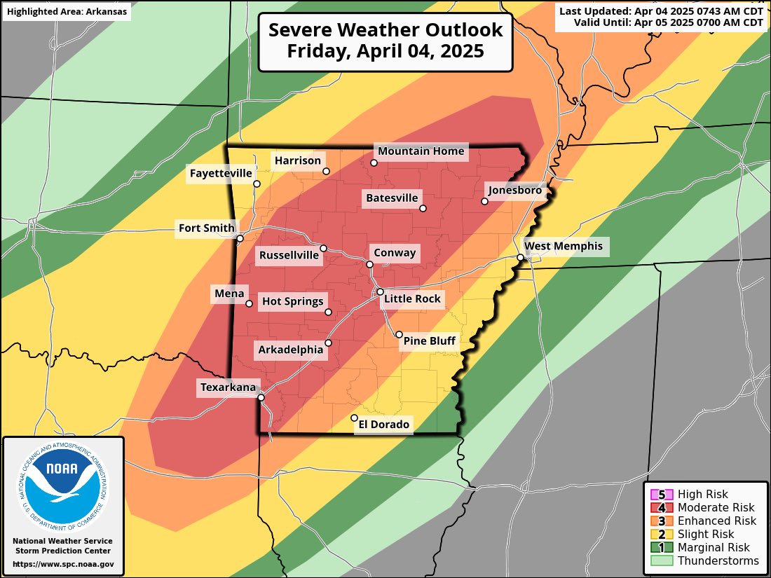 spann's tweet photo. Another significant risk of severe thunderstorms and tornadoes later today/tonight over much of Arkansas and some adjacent states. https://t.co/PmCZAHHs5C