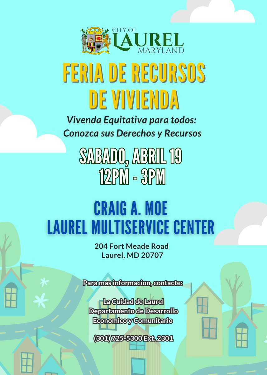 Join the City of Laurel Housing Resource Fair on Saturday, April 19 from 12-3 PM at the Craig A. Moe Laurel Multiservice Center. The theme is Equitable Housing for All: Know Your Rights &amp; Resources. Learn about housing rights, available resources, and connect with local experts.
