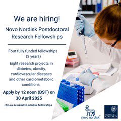 Obesity is one of the major risk factors for stroke. In case anyone is interested in a joint industry-academic fellowship, a 3-year postdoctoral position together with Novo Nordisk to study the impact of obesity on the brain is now open for applications! 
rdm.ox.ac.uk/work-with-us/n…