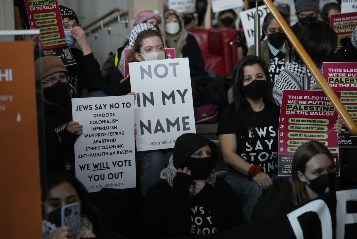 NOW: 100+ Jews and allies have occupied the lobby of the <a href="/GAC_Corporate/">Global Affairs Canada</a> office in Toronto to demand immediate action to end Israel’s genocide and for Palestinian liberation. Take action with us right now from home by making two urgent phone calls. #ArmsEmbargoNow #VotePalestine