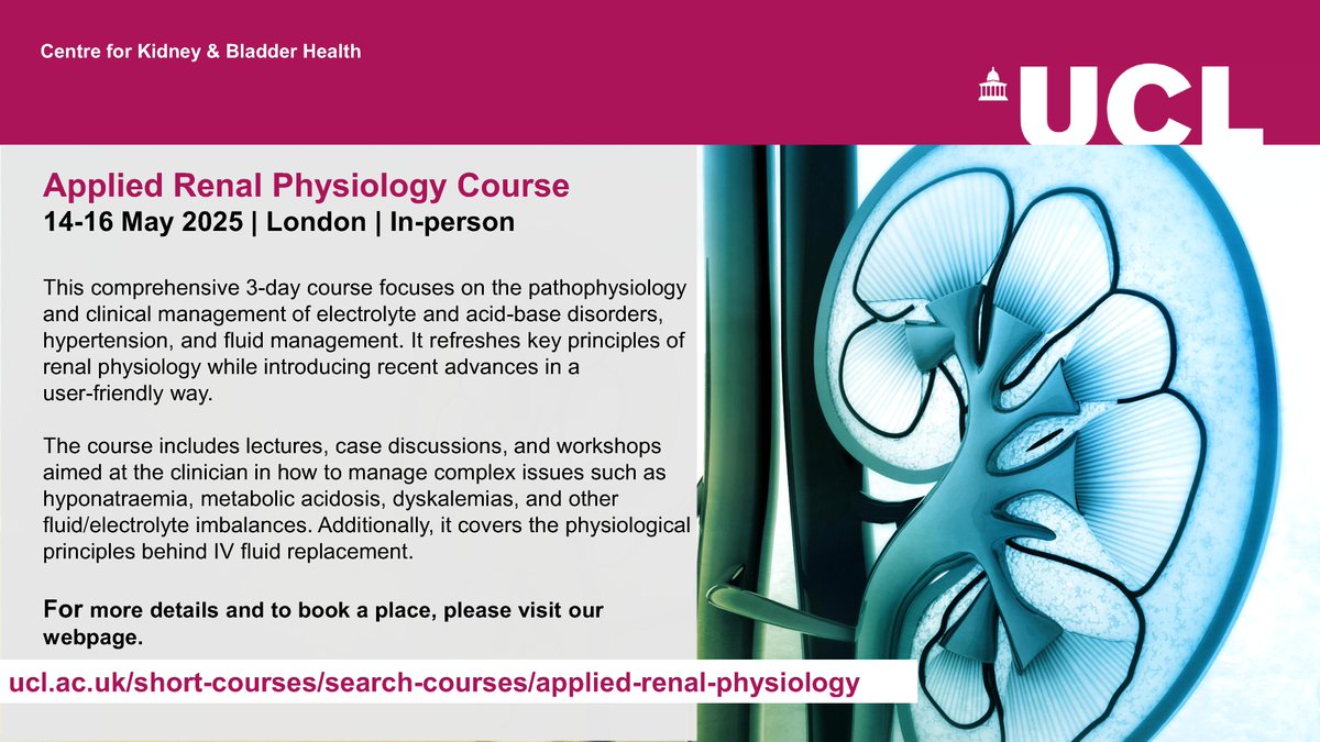 🚨 Spaces Still Available 🚨
 📍 UCL’s Applied Renal Physiology Course
 📅 14–16 May 2025
🩺 3 days of expert-led learning on electrolyte imbalances, hypertension, and fluid management.
🔗 Book Now: ucl.ac.uk/short-courses/…
#RenalPhysiology #UCL #CPD #Nephrology