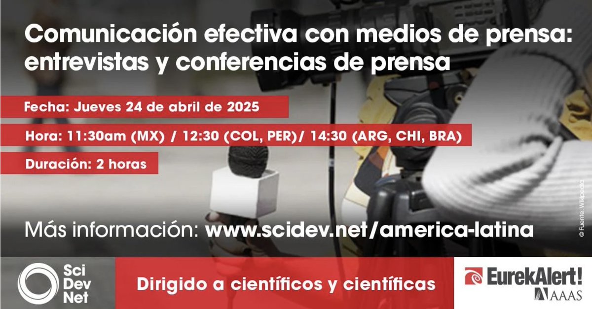 The Elsevier Foundation (@elsfoundation) on Twitter photo Taller para científicos: entrevistas para medios 👉 <a href="/SciDevNet_AL/">SciDev.Net A. Latina</a> y <a href="/EurekAlertAAAS/">EurekAlert!</a> ofrecerán un taller gratuito para que personas dedicadas a la investigación puedan desempeñarse mejor ante los medios de comunicación.
🗓️ 24 de abril
🕛 11:30am (MX)
📍 spkl.io/6019ftA7S Taller para científicos: entrevistas para medios 👉 <a href="/SciDevNet_AL/">SciDev.Net A. Latina</a> y <a href="/EurekAlertAAAS/">EurekAlert!</a> ofrecerán un taller gratuito para que personas dedicadas a la investigación puedan desempeñarse mejor ante los medios de comunicación.
🗓️ 24 de abril
🕛 11:30am (MX)
📍 spkl.io/6019ftA7S