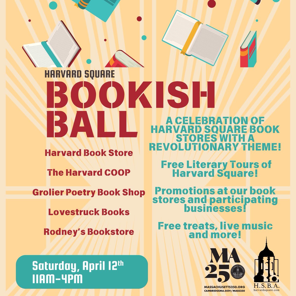 The HSBA, in partnership with the City of Camb. as part of MA250 in Camb. is delighted to announce the return of the Bookish Ball on Sat. 4/12, 11am – 4pm!
RESERVE A SPOT:
harvardsquare.com/the-return-of-…

#harvardsquare #cambridgema #MA250 #bookish #reading #books #bookstores #freeevent