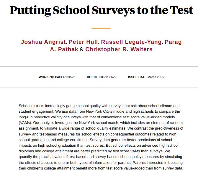 NBER (@nberpubs) on Twitter photo Comparing the long-run predictive validity of surveys gauging school quality with that of conventional test score value-added models, from <a href="/metrics52/">Josh Angrist</a>, <a href="/instrumenthull/">Peter Hull</a>, Russell Legate-Yang, <a href="/prof_parag/">Parag Pathak</a>, and <a href="/c_r_walt/">Christopher Walters</a> nber.org/papers/w33622 Comparing the long-run predictive validity of surveys gauging school quality with that of conventional test score value-added models, from <a href="/metrics52/">Josh Angrist</a>, <a href="/instrumenthull/">Peter Hull</a>, Russell Legate-Yang, <a href="/prof_parag/">Parag Pathak</a>, and <a href="/c_r_walt/">Christopher Walters</a> nber.org/papers/w33622