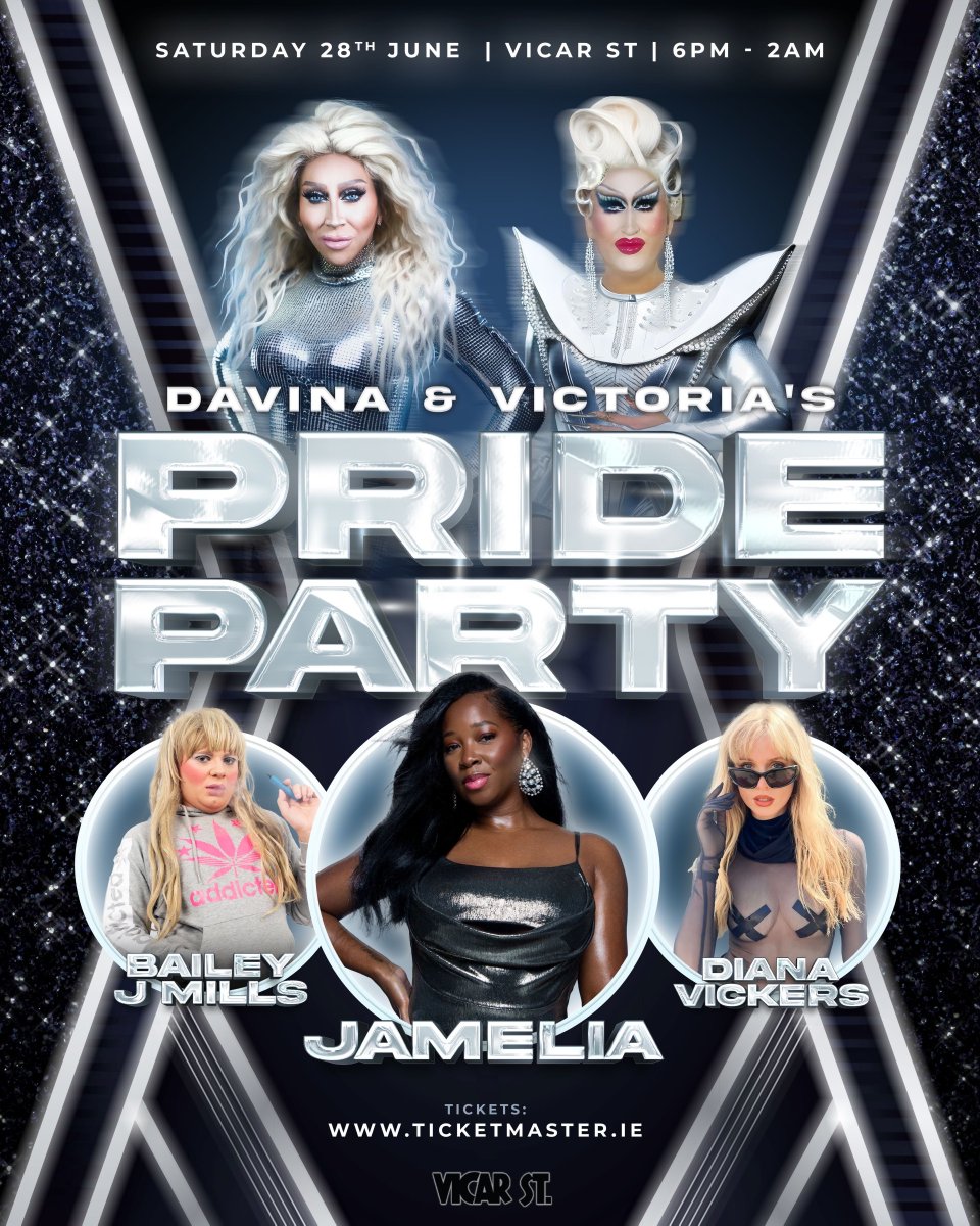 🌟 Dublin Drag Queen powerhouses <a href="/DavinaDevine/">Davina Devine</a> and <a href="/Victoria_Secret/">Victoria Secret</a> return with their annual supersized 'Pride Party' at <a href="/Vicar_Street/">Vicar St</a> on Saturday 28 June 2025.

The queens will be joined by Pop Icon <a href="/Jamelia/">Jamelia 🇯🇲</a> plus special guests @Diana_Music &amp; Bailey J Mills for live PA's. 

🎫