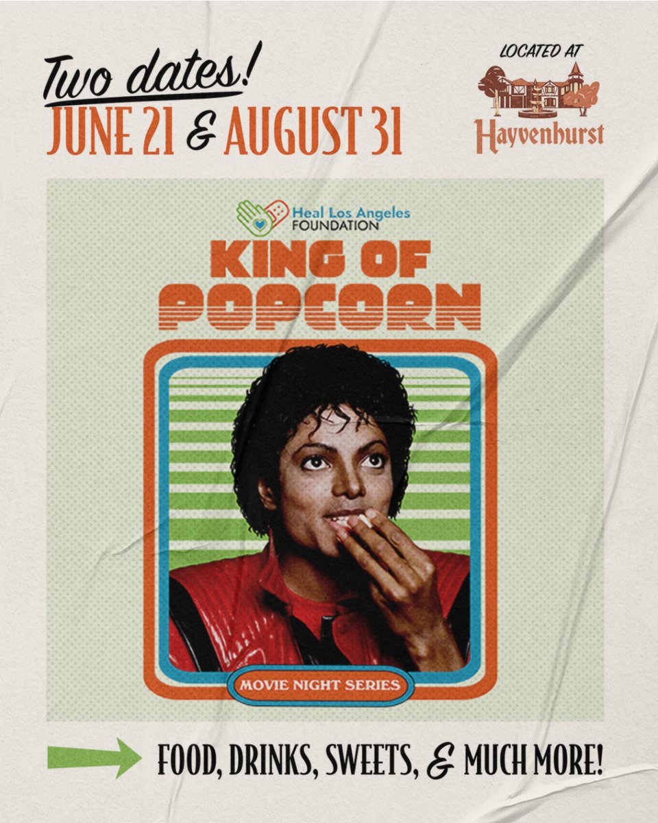 The King of Popcorn Movie Night Series is back with TWO events in 2025! 

First one kicks off on June 21 and last one will be on August 31! 

Grab your tickets today before they run out! 

🎟️: heallosangelesfdn.givingfuel.com/2025-king-of-p…