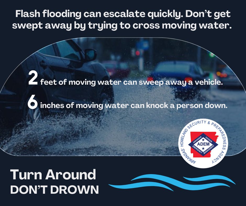 AR is expected to receive multiple waves of heavy rainfall through SAT. This may lead to dangerous flash flooding &amp; river flooding. Pay attention to weather updates &amp; follow warnings from officials, especially if you are advised to avoid areas or evacuate. #TurnAroundDontDrown