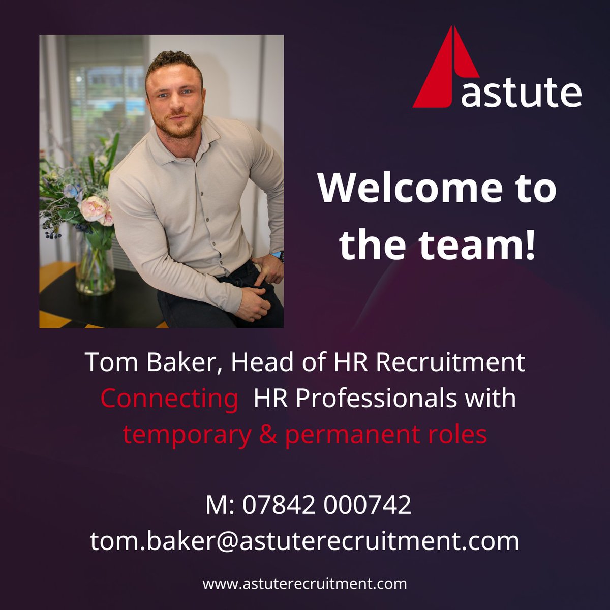 astute_recruit's tweet photo. We are delighted to welcome Tom Baker to the Team! 🎉

Tom will be heading up our HR Recruitment Department, so if you are looking to expand your HR team or looking for a new role in HR - get in touch with Tom on the details below ⬇️ https://t.co/QxsBMk0Q0m