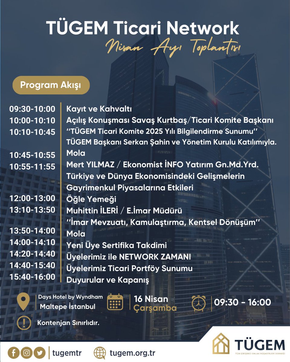TÜGEM Ticari Network Nisan Ayı buluşması 16 Nisan  Çarşamba günü Days Hotel by Wyndham Maltepe ‘de gerçekleşecek.

Kayıt Linki : bit.ly/ticarinetworks