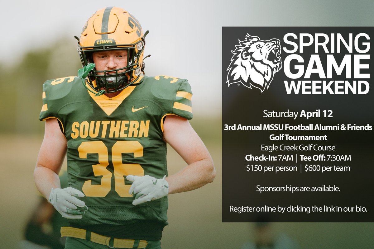 Missouri Southern Football (@mosofootball) on Twitter photo 3rd Annual MSSU Football Alumni & Friends Golf Tournament
April 12 | Eagle Creek Golf Course 🏌️
For sponsorship information, contact: jwenninghoff@omnilogistics.com
To register online, visit: loom.ly/wJclz2c 3rd Annual MSSU Football Alumni & Friends Golf Tournament
April 12 | Eagle Creek Golf Course 🏌️
For sponsorship information, contact: jwenninghoff@omnilogistics.com
To register online, visit: loom.ly/wJclz2c
