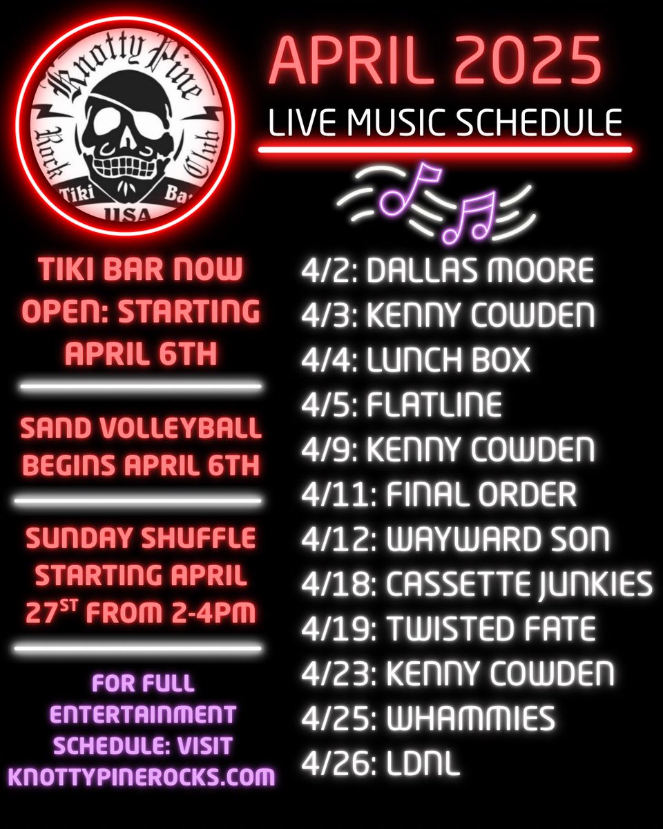 Another BIG month coming at ya! <a href="/dallasmoore/">Dallas Moore</a> <a href="/kennycowden/">Kenny Cowden</a> <a href="/waywardsonrocks/">Wayward Son Rocks Cincinnati!</a> <a href="/FinalOrderBand/">Final Order Band</a> <a href="/CassetteJunkies/">Cassette Junkies</a> <a href="/LDNLcbus/">LDNL</a> #cincylive #Livemusic #tikibar #Pinetime #bandsintown #sandvolleyball