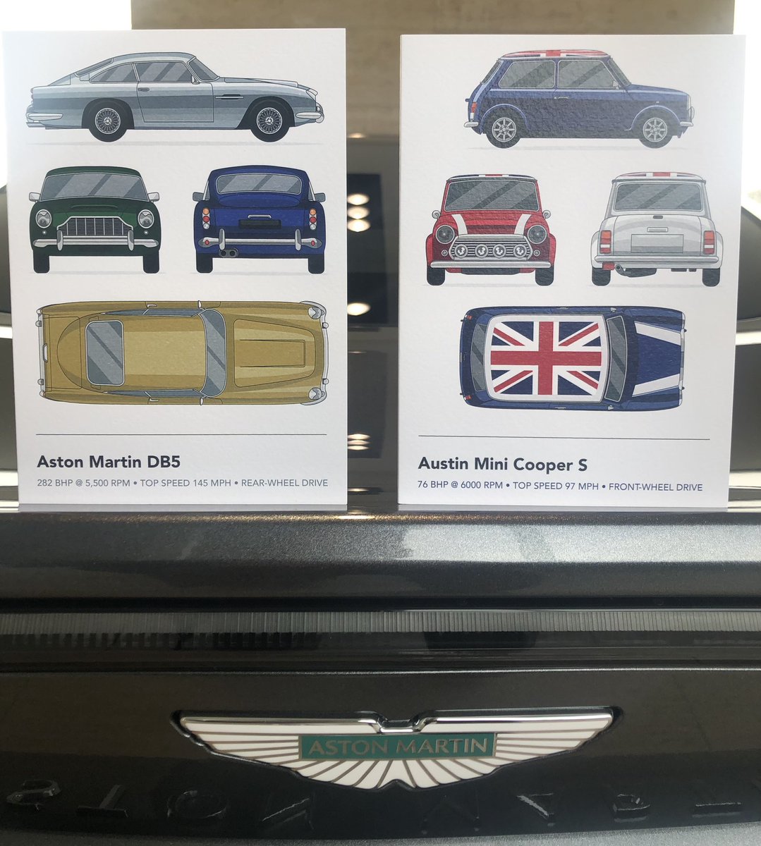 ClannaCards's tweet photo. Our fantastic new car cards have arrived from the printers! The iconic Aston Martin DB5 and Mini Cooper designs by artist Tom Crowe are the first of a new series which will include Bentley and Morgan soon! Watch this space! #astonmartin #mini #greetingcards #cars #britishcars https://t.co/zXT6lMX0UY