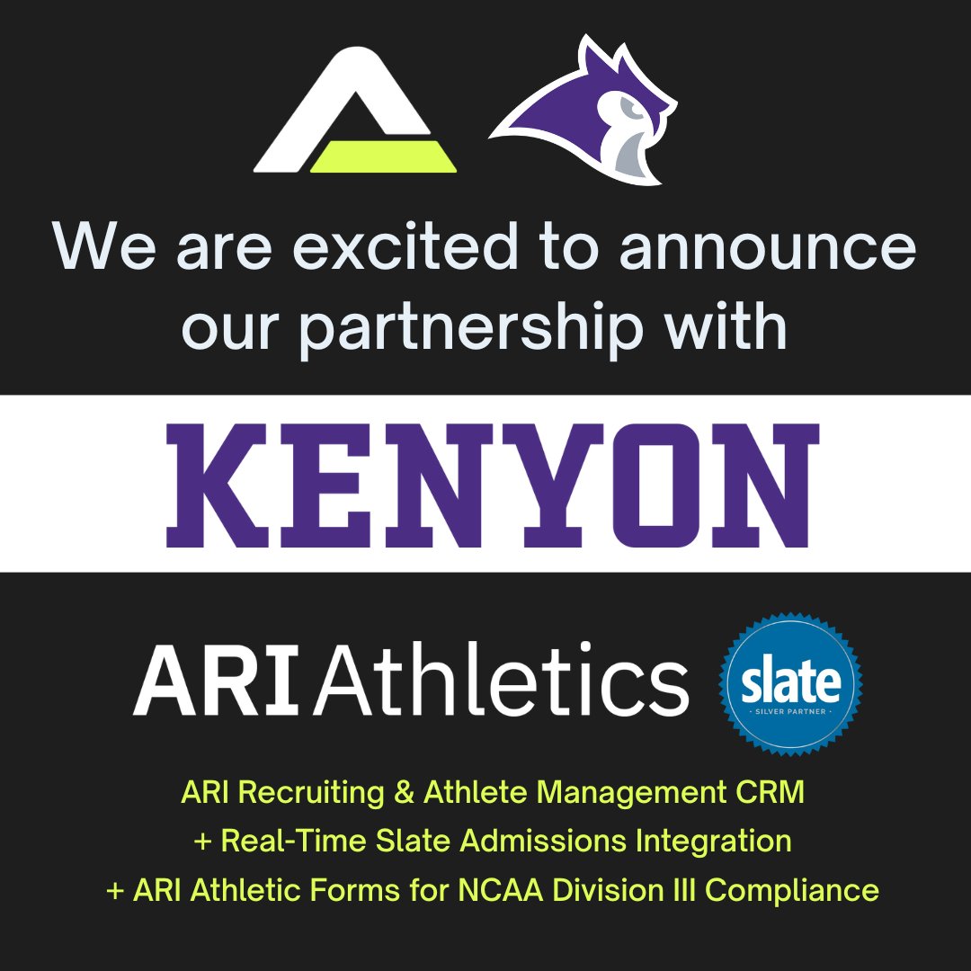 ARI Athletics (@_ariathletics) on Twitter photo Welcome aboard, <a href="/KenyonCollege/">Kenyon College</a>! We look forward to helping you streamline your recruiting and student-athlete management, and to enhancing the collaboration between your Athletics and Admissions teams via our real-time integration with <a href="/Technolutions/">Technolutions</a> Slate! <a href="/NCAADIII/">NCAA Division III</a> <a href="/NCAC/">NCAC</a> Welcome aboard, <a href="/KenyonCollege/">Kenyon College</a>! We look forward to helping you streamline your recruiting and student-athlete management, and to enhancing the collaboration between your Athletics and Admissions teams via our real-time integration with <a href="/Technolutions/">Technolutions</a> Slate! <a href="/NCAADIII/">NCAA Division III</a> <a href="/NCAC/">NCAC</a>