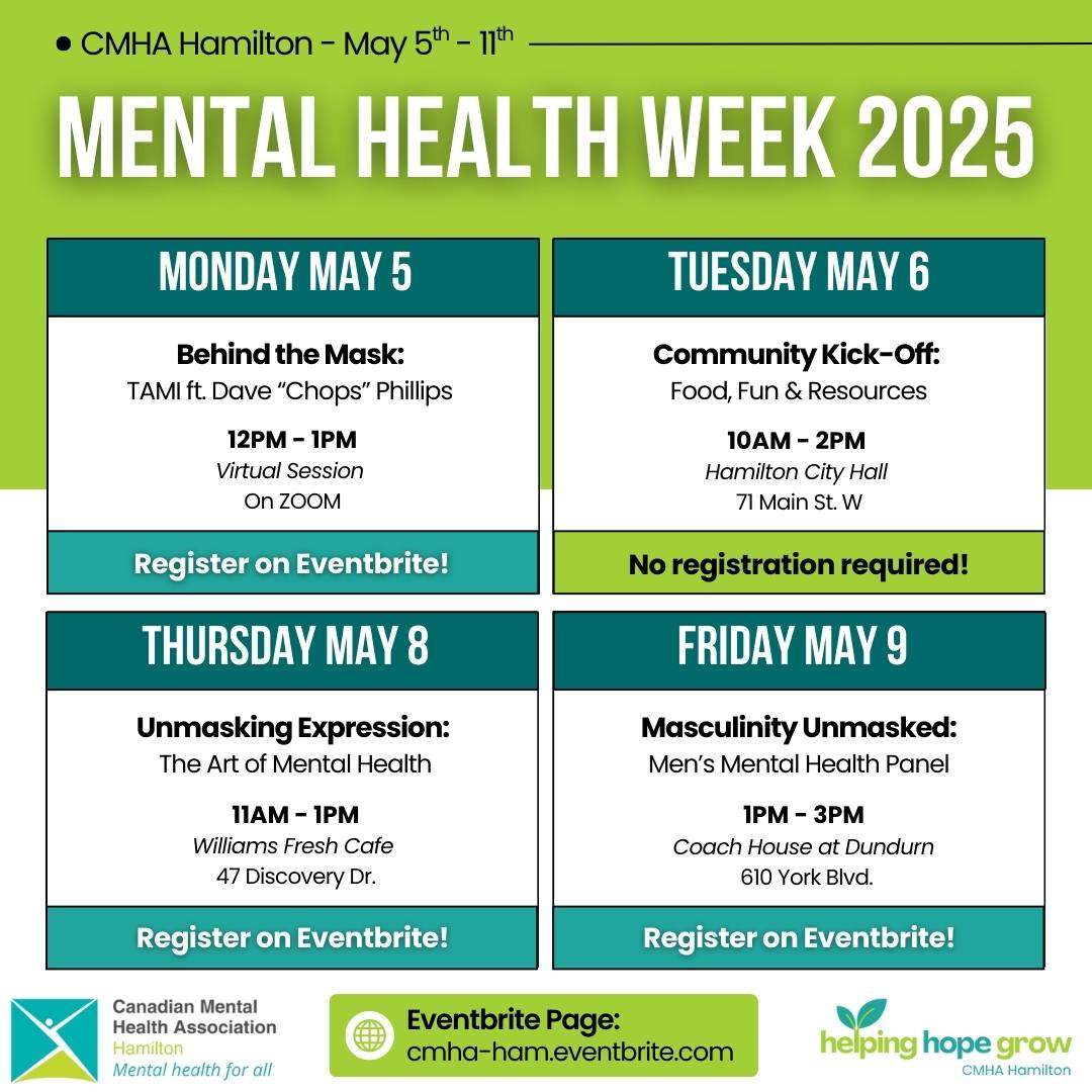 The time has come. It is almost #MentalHealthWeek2025. Please join us May 5-12th for our community events that are focused on #unmaskingmentalhealth and #helpinghopegrow in our community. Register on Eventbrite!