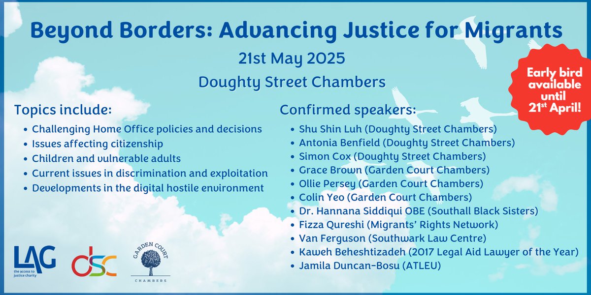 Legal Action Group (@legalactiongrp) on Twitter photo 📅 Our next conference is Beyond Borders: Advancing Justice for Migrants on 21 May at <a href="/DoughtyStreet/">Doughty Street Chambers</a>.
💡Join us to stay informed, learn practical tips & come together with others dedicated to upholding the rights of migrants.
🎫 Access early bird tickets tinyurl.com/LAGConf 📅 Our next conference is Beyond Borders: Advancing Justice for Migrants on 21 May at <a href="/DoughtyStreet/">Doughty Street Chambers</a>.
💡Join us to stay informed, learn practical tips & come together with others dedicated to upholding the rights of migrants.
🎫 Access early bird tickets tinyurl.com/LAGConf