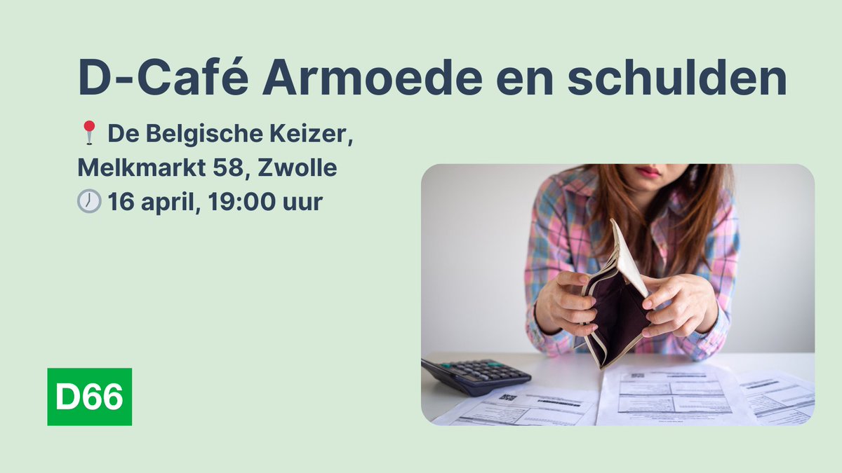 D66Zwolle (@d66zwolle) on Twitter photo D66 IJsseldelta (Zwolle en Kampen) houdt op 16 april een D-Café over armoede en schulden! Hier gaan we met inwoners, hulpverleners en ervaringsdeskundigen in gesprek over de situatie in Zwolle, bespreken we de rol van de gemeentepolitiek en gaan we op zoek naar oplossingen. D66 IJsseldelta (Zwolle en Kampen) houdt op 16 april een D-Café over armoede en schulden! Hier gaan we met inwoners, hulpverleners en ervaringsdeskundigen in gesprek over de situatie in Zwolle, bespreken we de rol van de gemeentepolitiek en gaan we op zoek naar oplossingen.