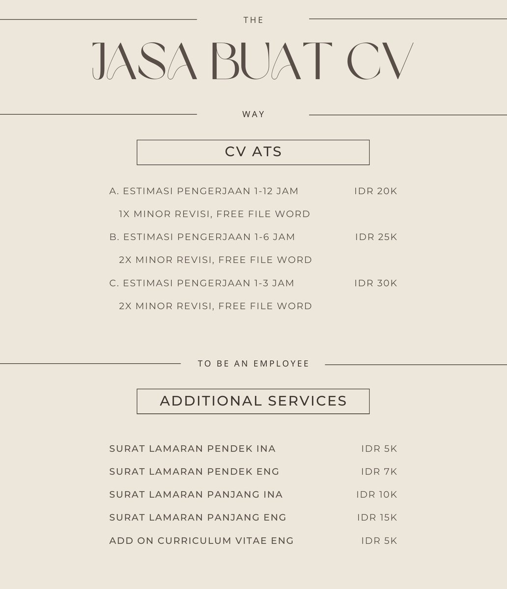 byonesolution's tweet image. Halo, aku buka jasa joki pembuatan CV (ATS friendly only) dan surat lamaran kerja dengan harga yang sudah tertera. Silakan hubungi wa.me/6285157160024!

#zonauang #zonaba #zonabu #wts