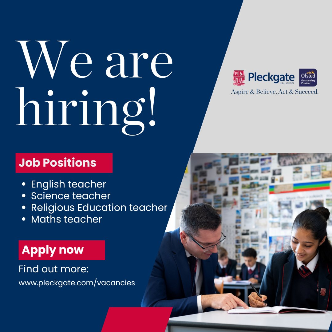🌟 We're hiring! 🌟 

❤️We're looking for passionate educators and staff to help shape the future of our pupils. 

👏Explore our current job vacancies and be part of something amazing!

➡️pleckgate.com/vacancies