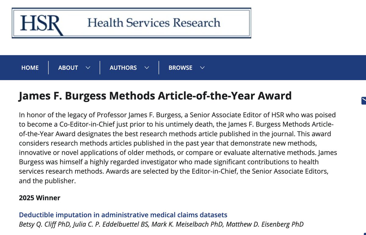 Matthew Eisenberg (@mattdeisenberg) on Twitter photo Absolutely honored to win this year's James F. Burgess Methods Article-of-the-Year Award, along with <a href="/betsyqcliff/">Betsy Querna Cliff</a> <a href="/juliaedd/">julia eduarda</a> and <a href="/markmeiselbach/">Mark Meiselbach</a> for our HSR article on deductible imputation in administrative claims datasets!
onlinelibrary.wiley.com/doi/10.1111/14… Absolutely honored to win this year's James F. Burgess Methods Article-of-the-Year Award, along with <a href="/betsyqcliff/">Betsy Querna Cliff</a> <a href="/juliaedd/">julia eduarda</a> and <a href="/markmeiselbach/">Mark Meiselbach</a> for our HSR article on deductible imputation in administrative claims datasets!
onlinelibrary.wiley.com/doi/10.1111/14…